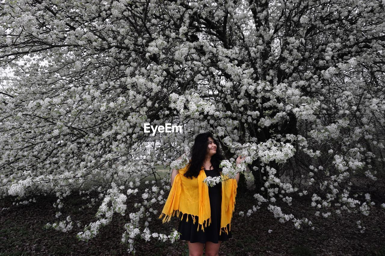Smiling young woman standing amidst flowering tree branches