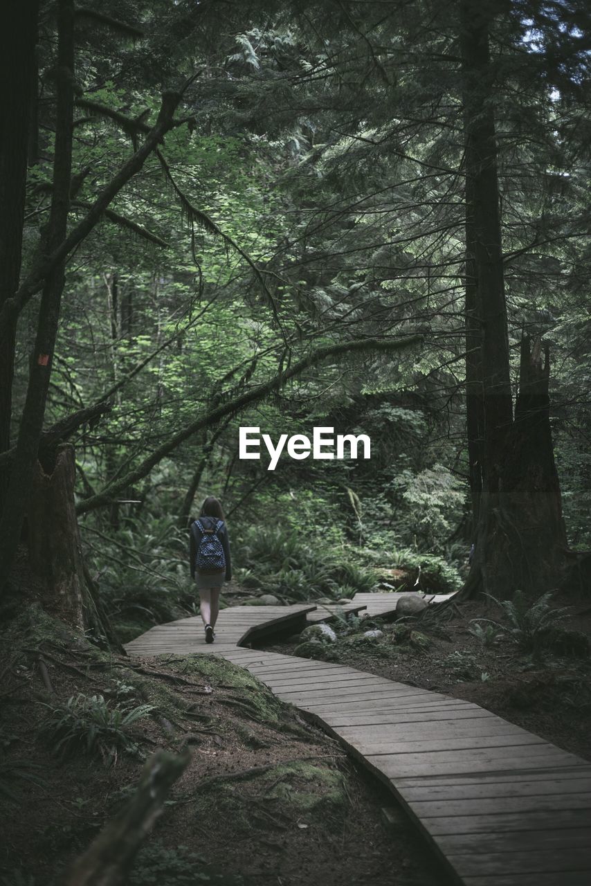 Rear view of woman walking on boardwalk at forest