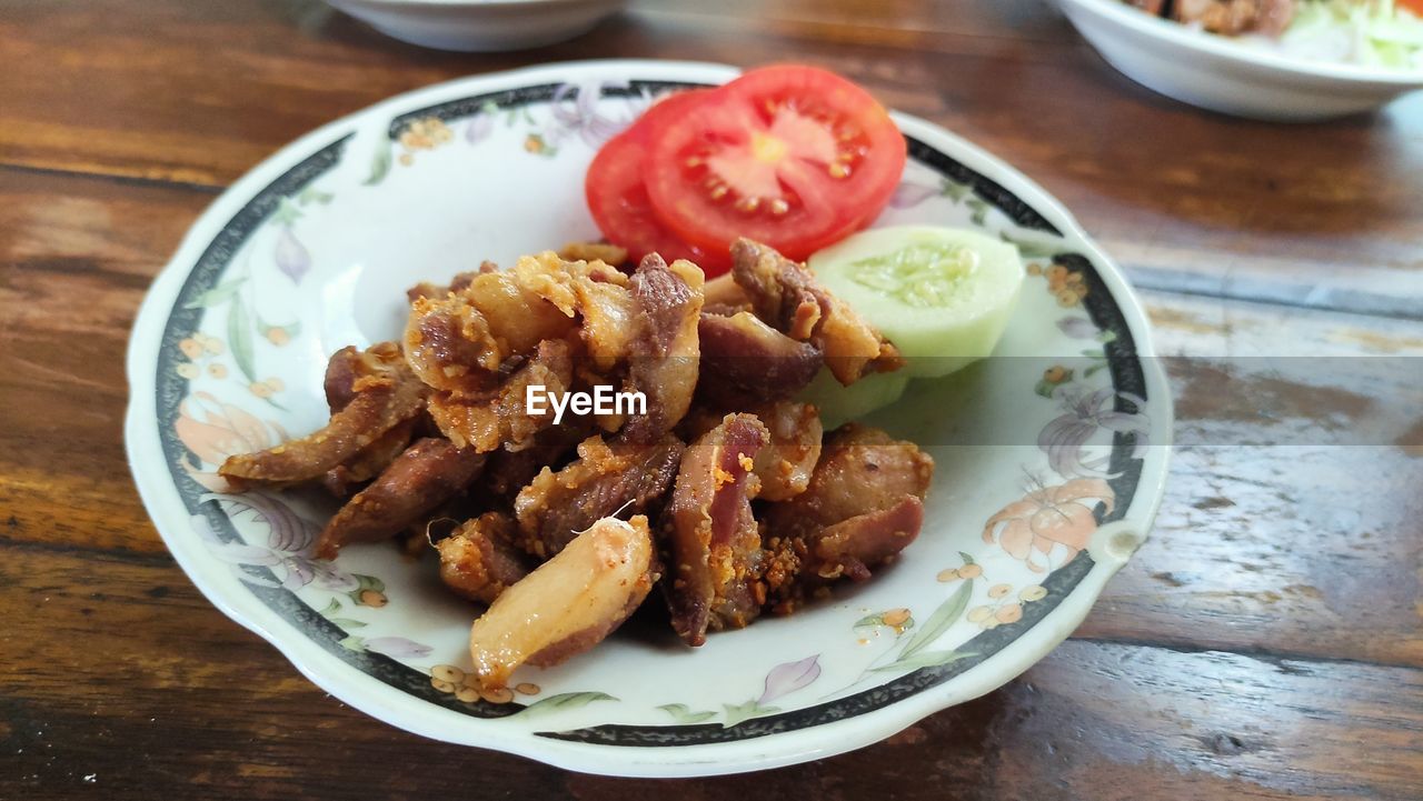 High angle view of food in plate on table