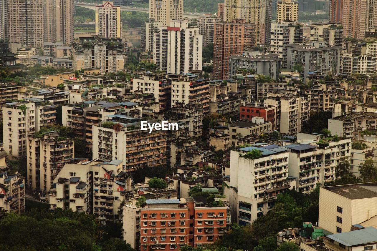 High angle view of buildings in city