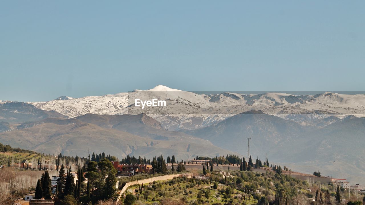 Panoramic view of snowcapped mountains against clear sky