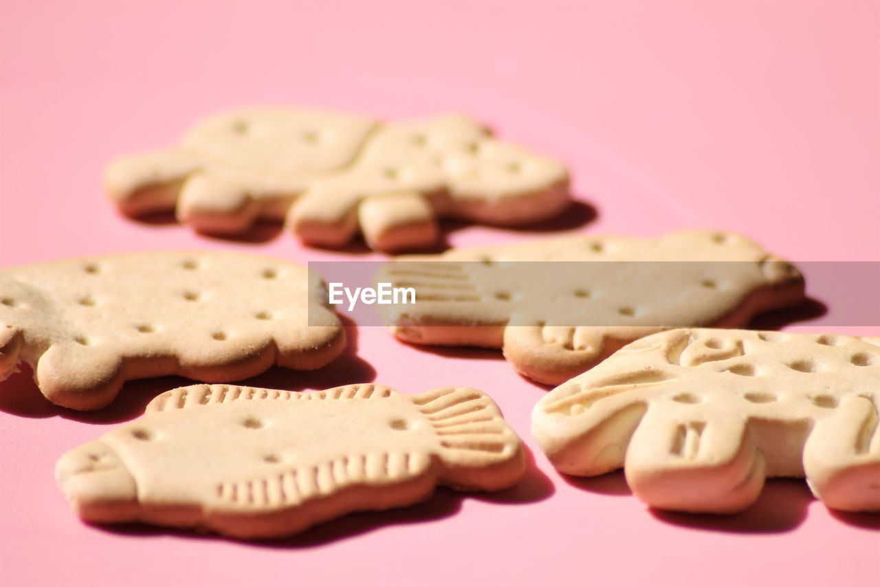 Close-up of cookies over pink background