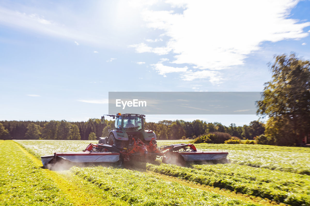 Tractor mowing grass in meadow