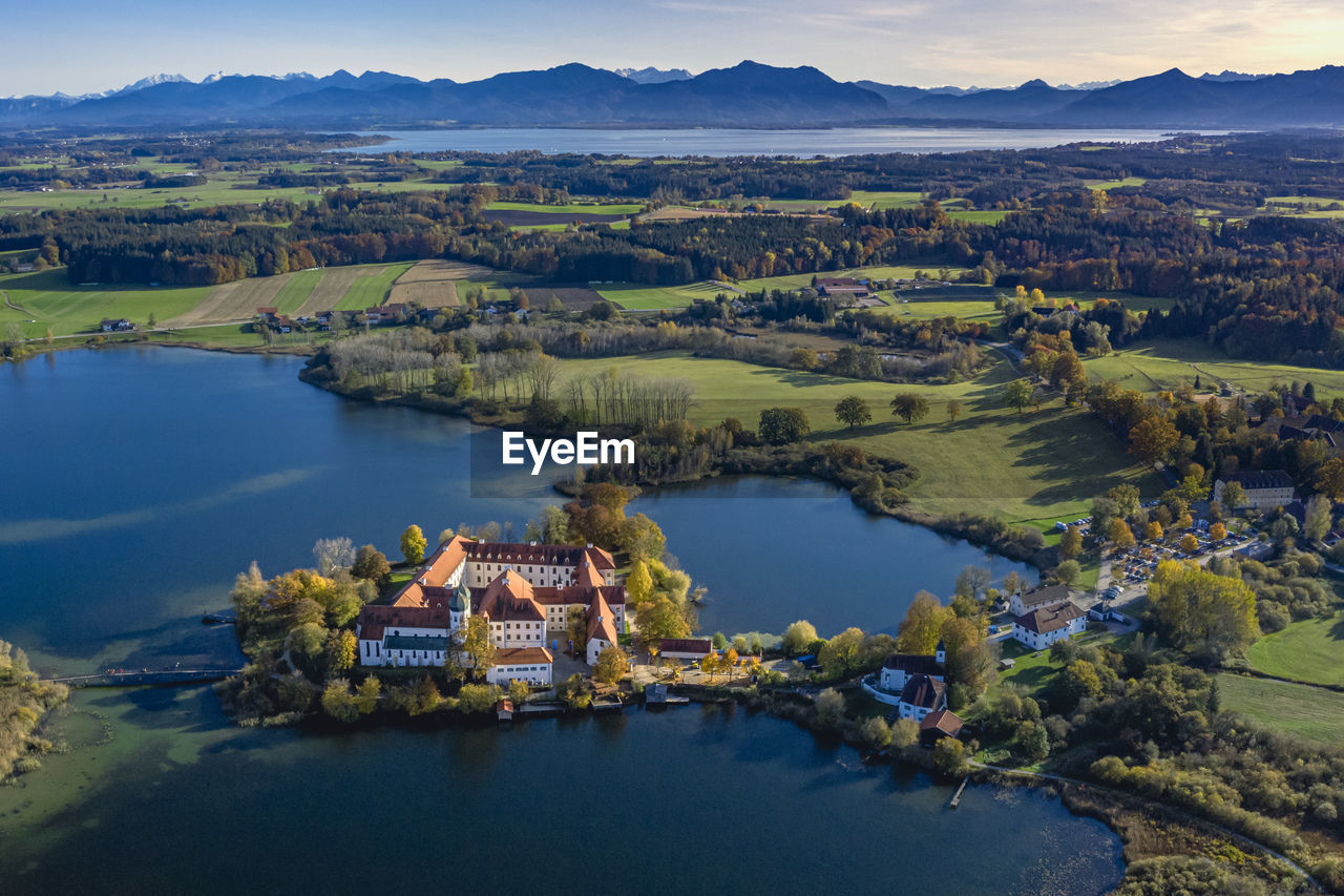 Germany, bavaria, seeon-seebruck, aerial view of seeon lakes and seeon abbey