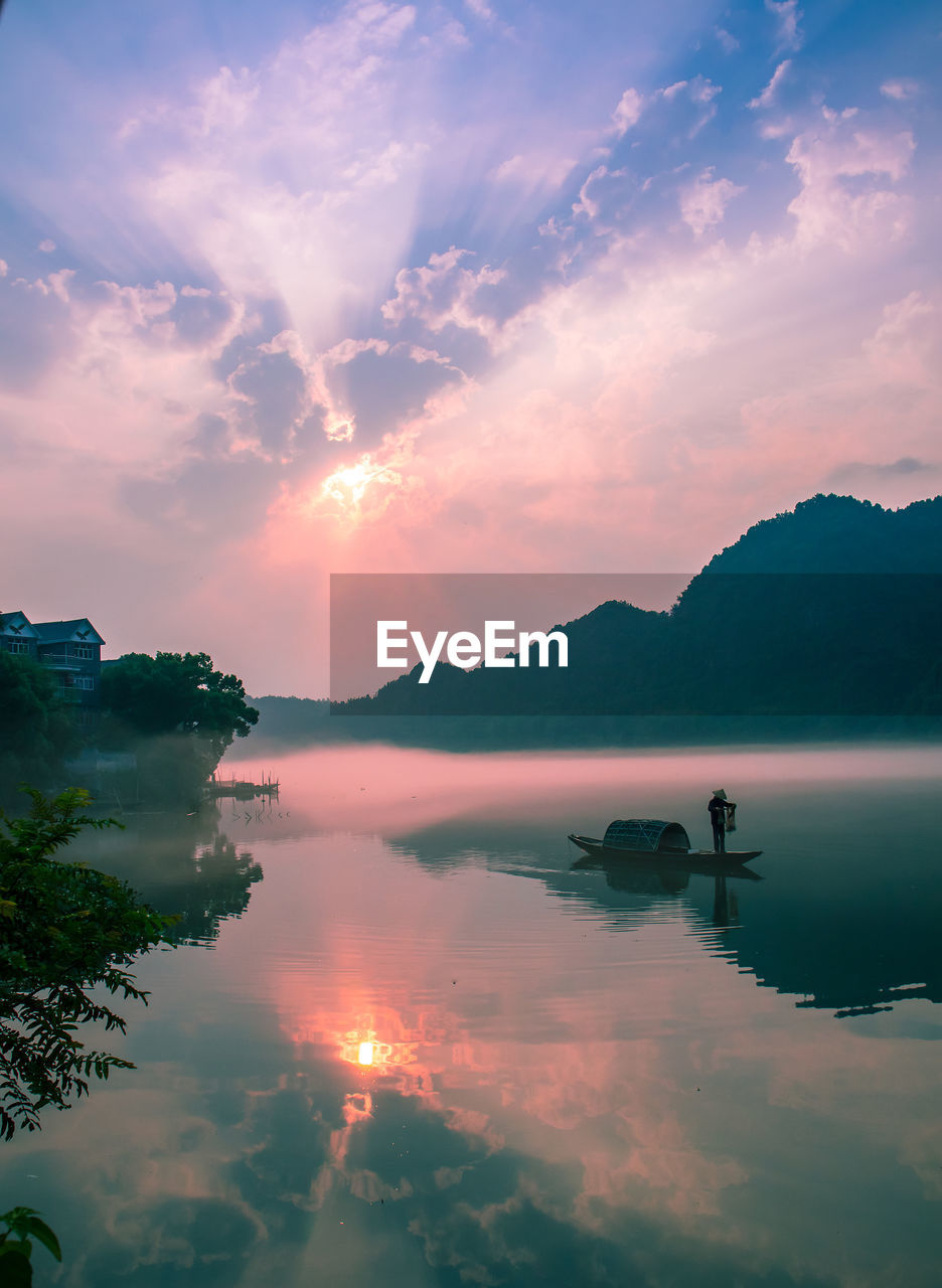 PANORAMIC VIEW OF LAKE AGAINST SKY DURING SUNSET