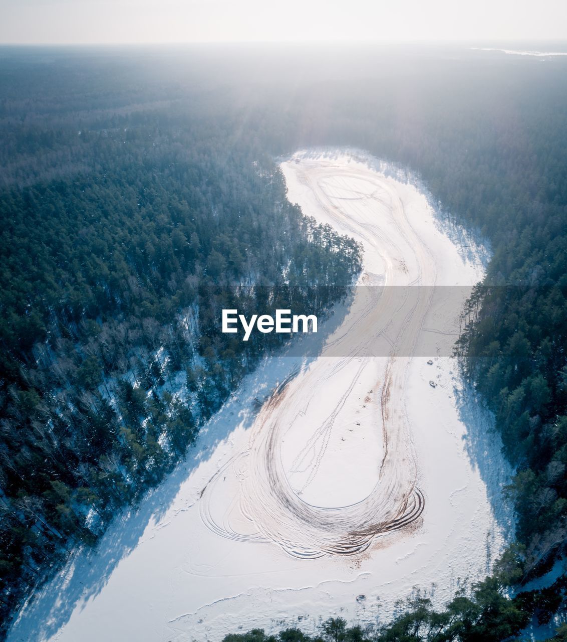 Aerial view of frozen lake in forest