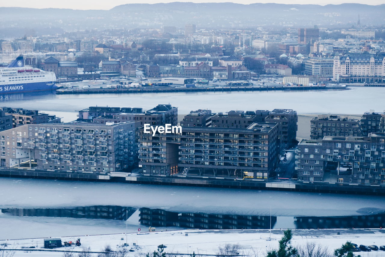 Aerial view of city at waterfront