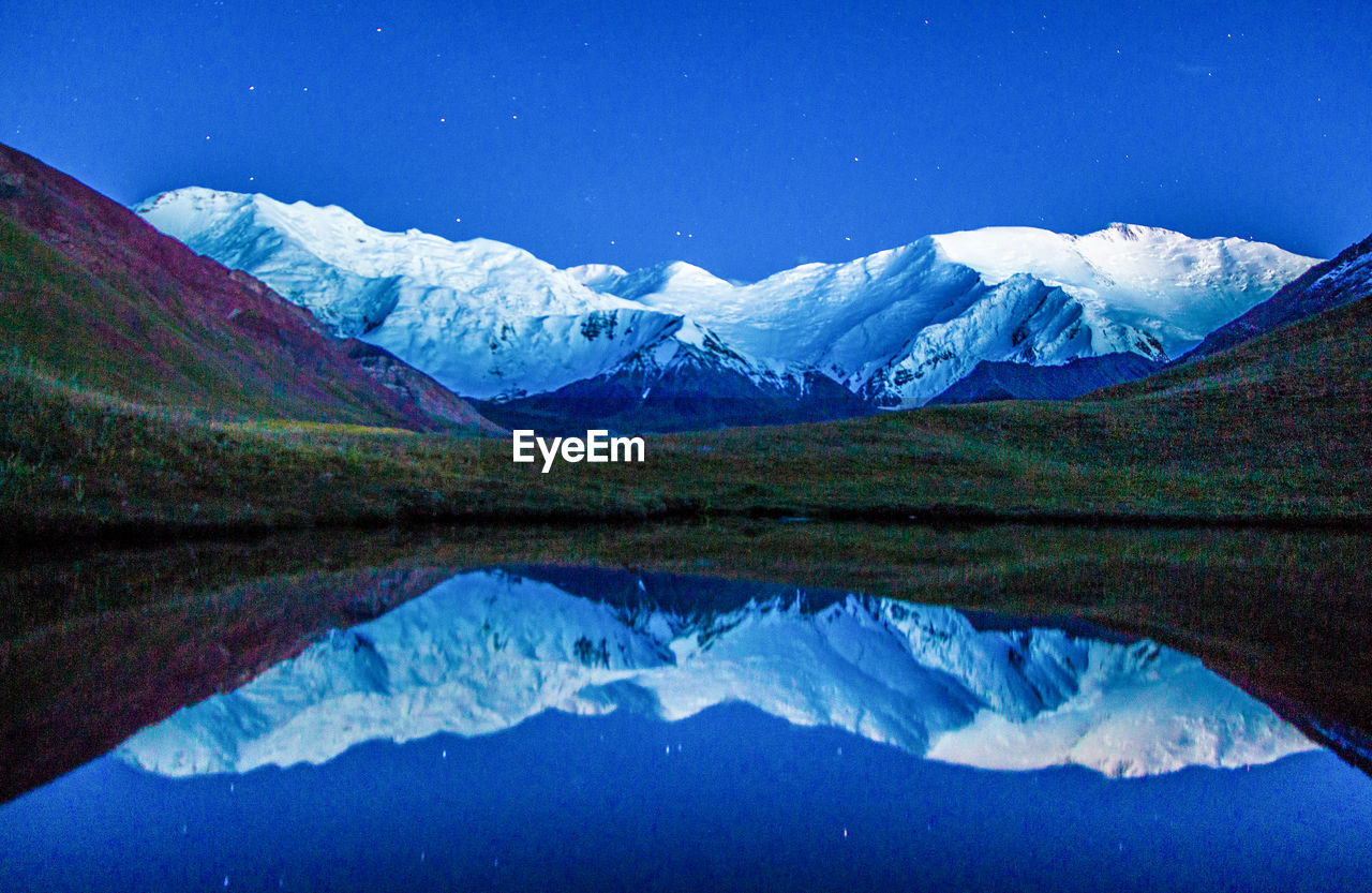 Reflection of snowcapped mountain on lake against sky