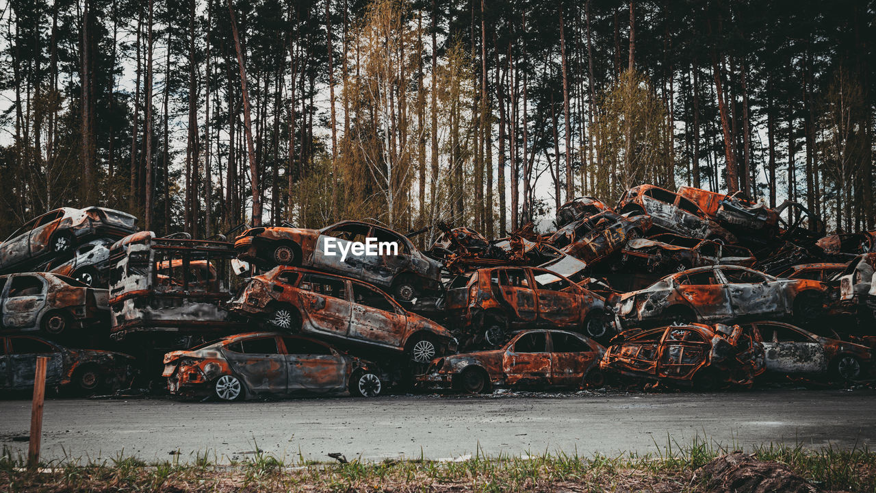 Stack of damaged abandoned car