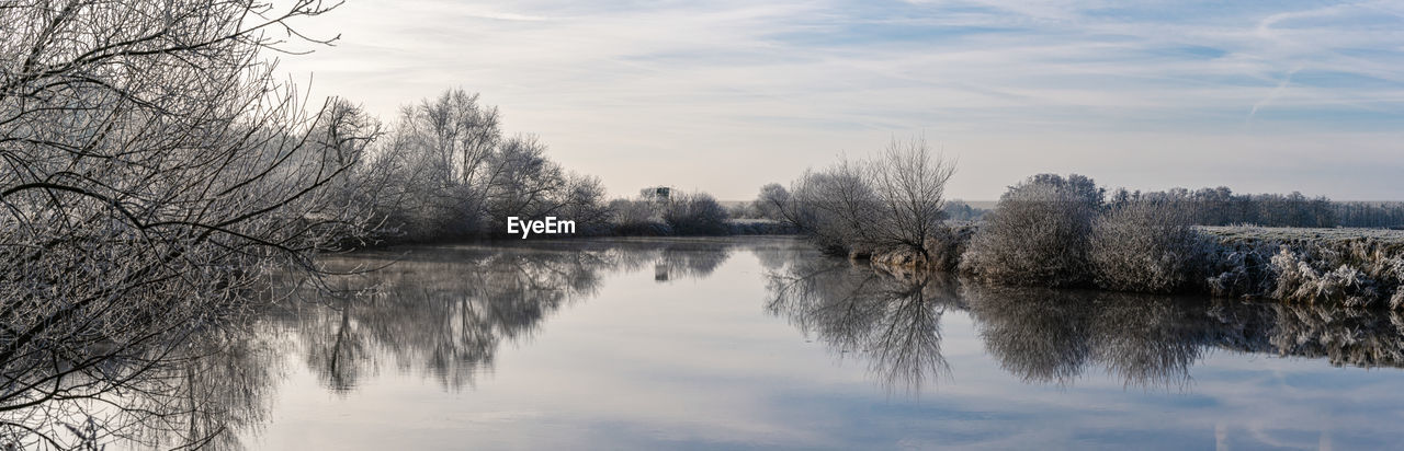 winter, reflection, tree, nature, water, sky, plant, morning, tranquility, snow, scenics - nature, beauty in nature, lake, tranquil scene, cloud, frost, landscape, no people, environment, non-urban scene, freezing, cold temperature, idyllic, bare tree, ice, forest, outdoors, branch, autumn, mist, day, land, body of water, dawn, remote, fog, sunlight, travel destinations