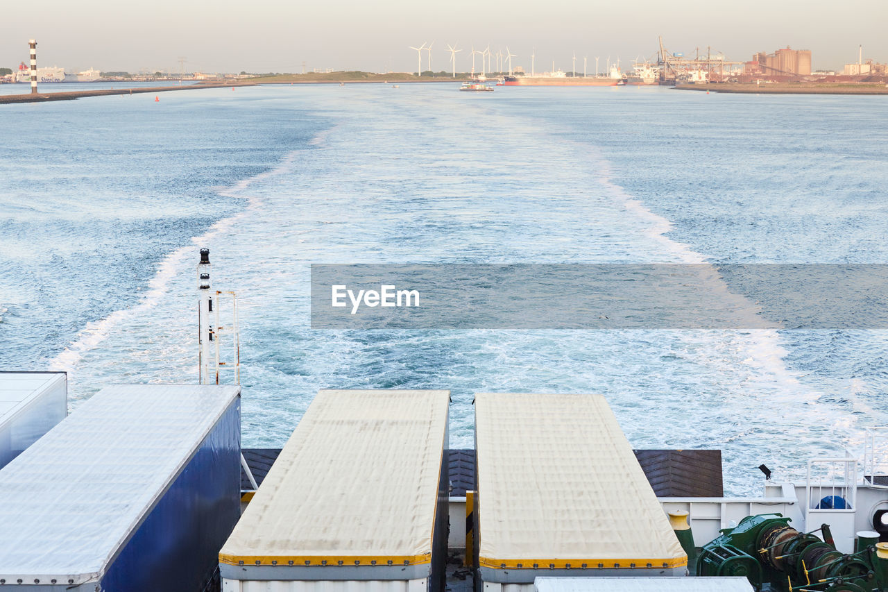 Rear of a ferry ship transporting vehicles and passengers from rotterdam port.