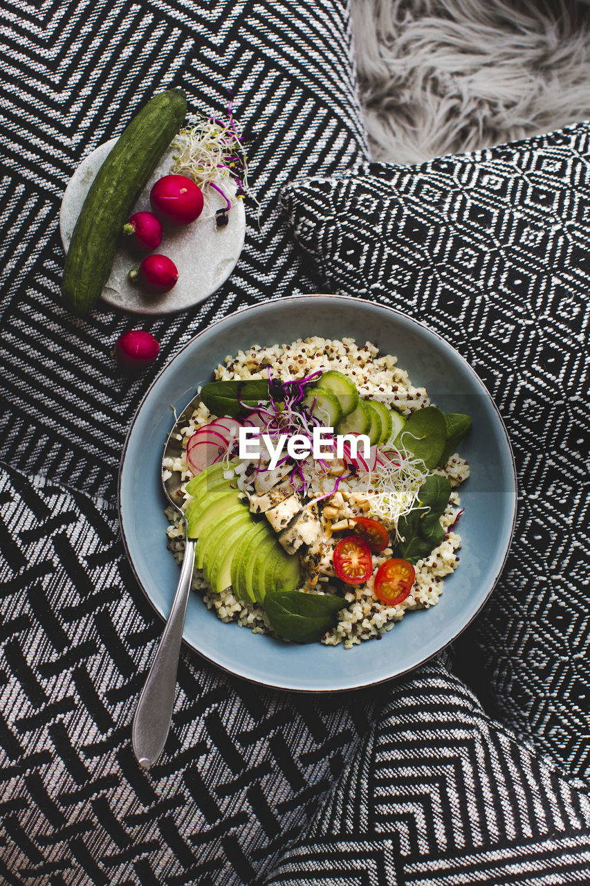 High angle view of salad in bowl on table