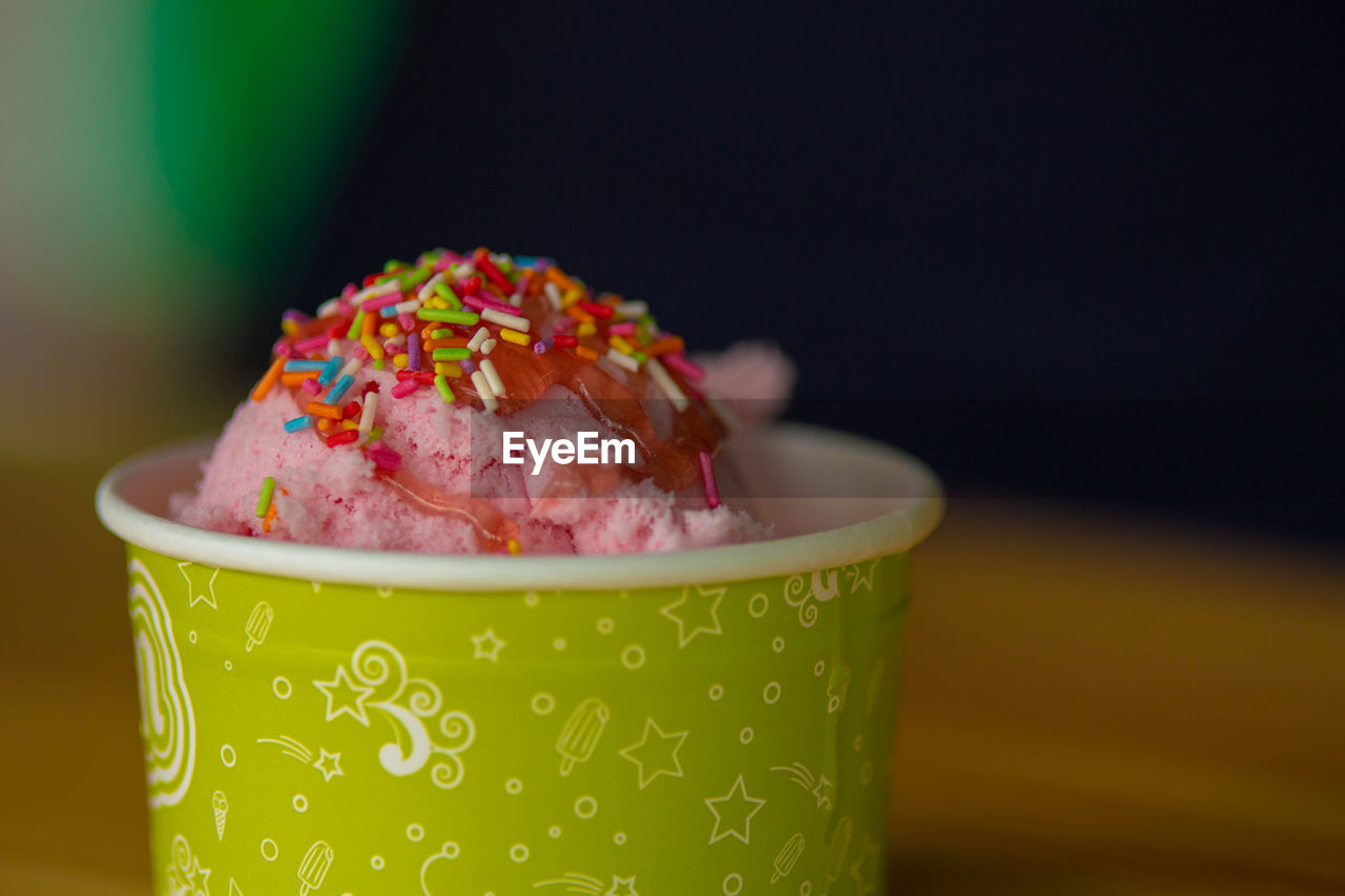 Close-up of ice cream on table