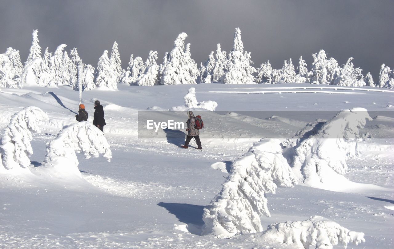 PEOPLE SKIING ON SNOW COVERED FIELD AGAINST MOUNTAIN