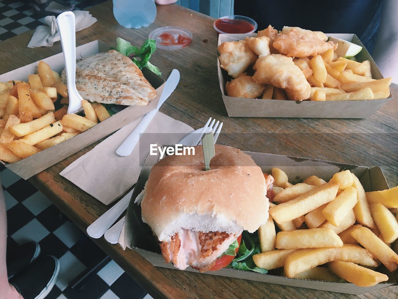 High angle view of fast food on table