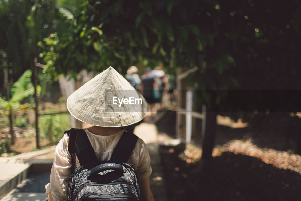 Rear view of woman wearing asian style conical hat against trees