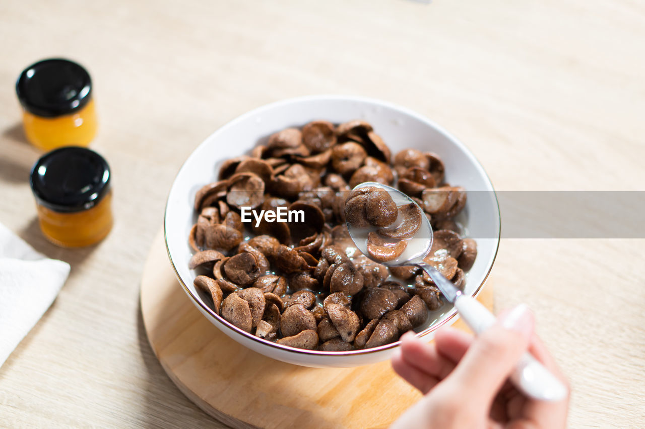 high angle view of food in bowl on table