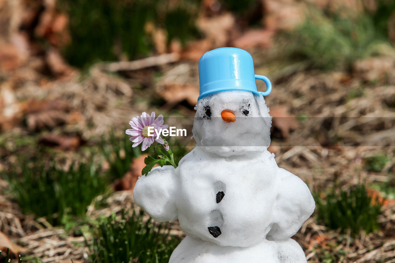 Snowman standing on grass with flower in his hand