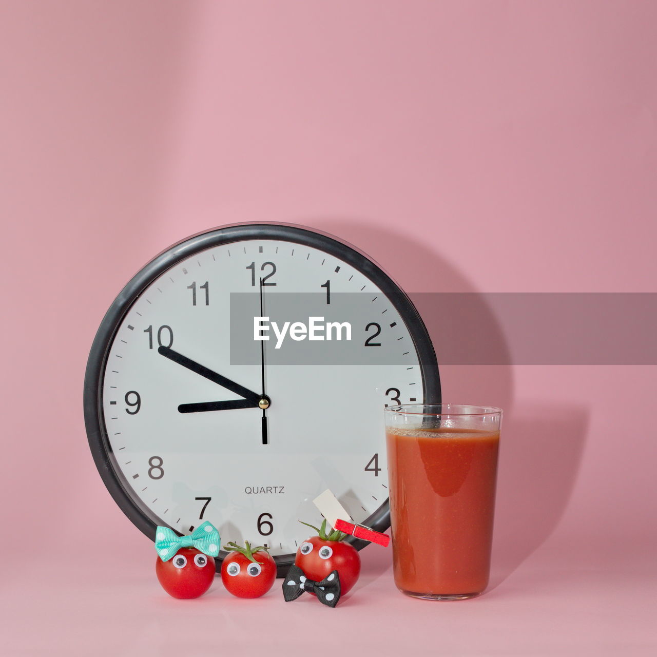 clock, time, alarm clock, studio shot, wall clock, indoors, no people, interior design, colored background, clock face, food and drink, instrument of time, pink, minute hand, still life, drink, deadline, copy space