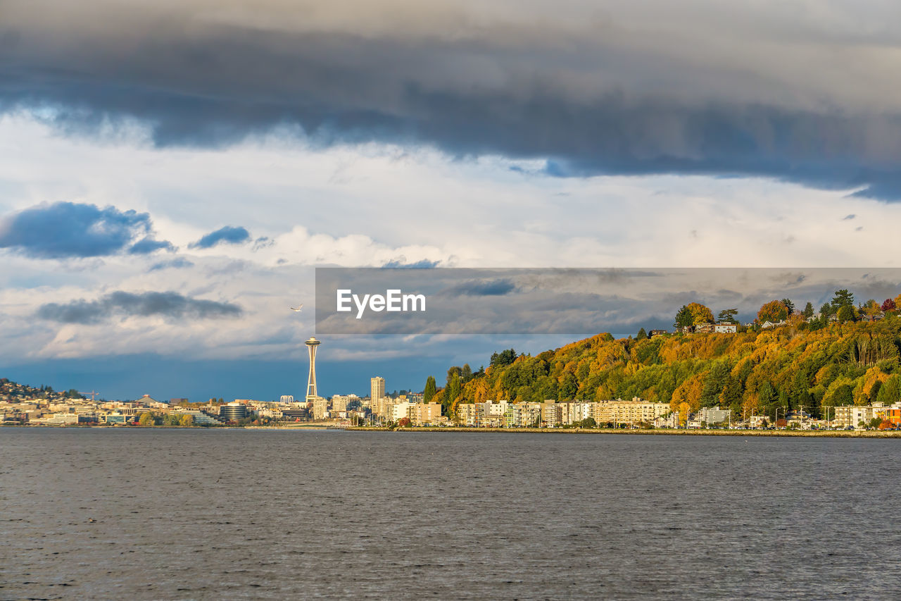 Scenic view of sea by buildings against sky