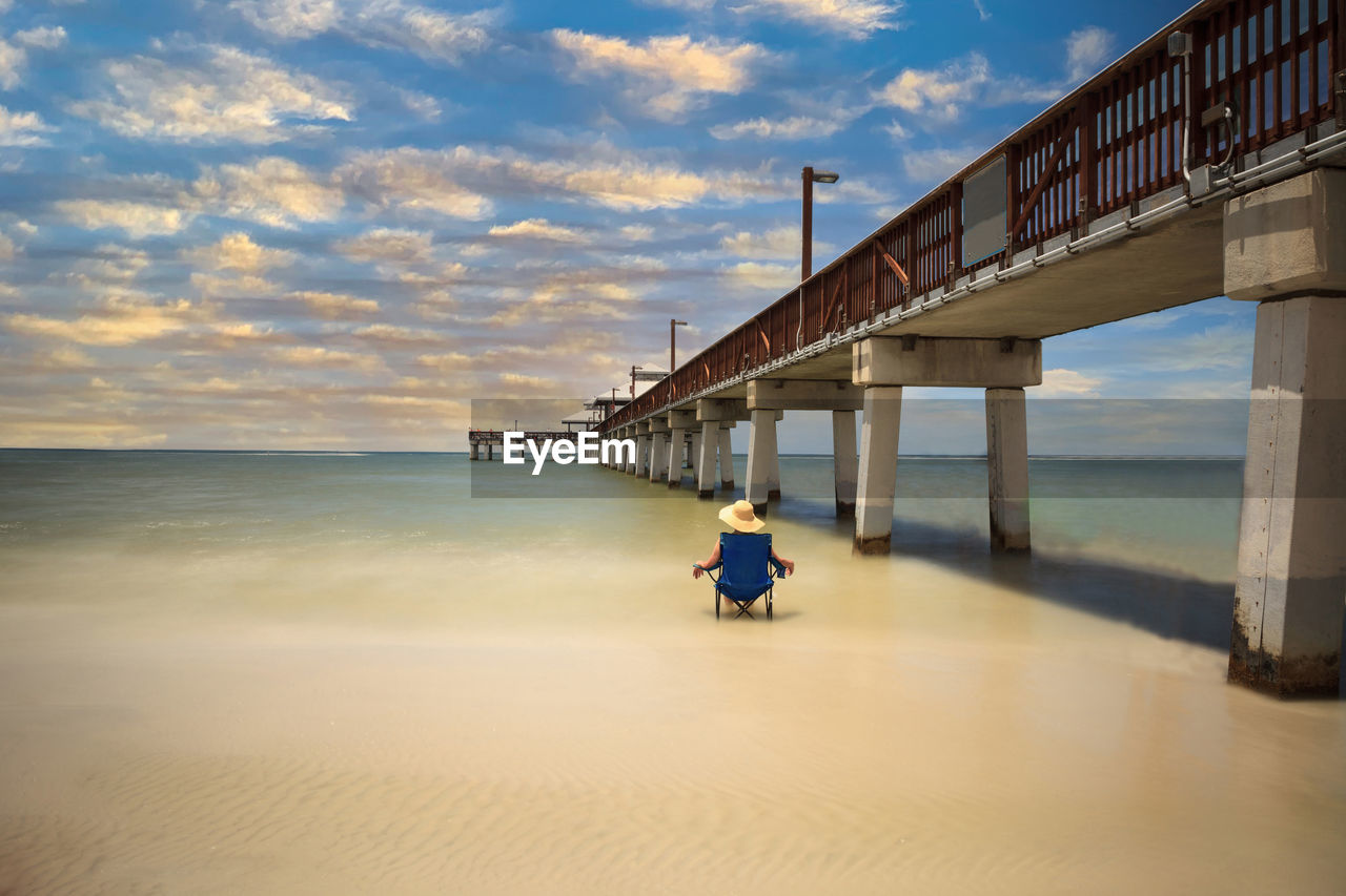 MAN ON PIER ON BEACH AGAINST SKY