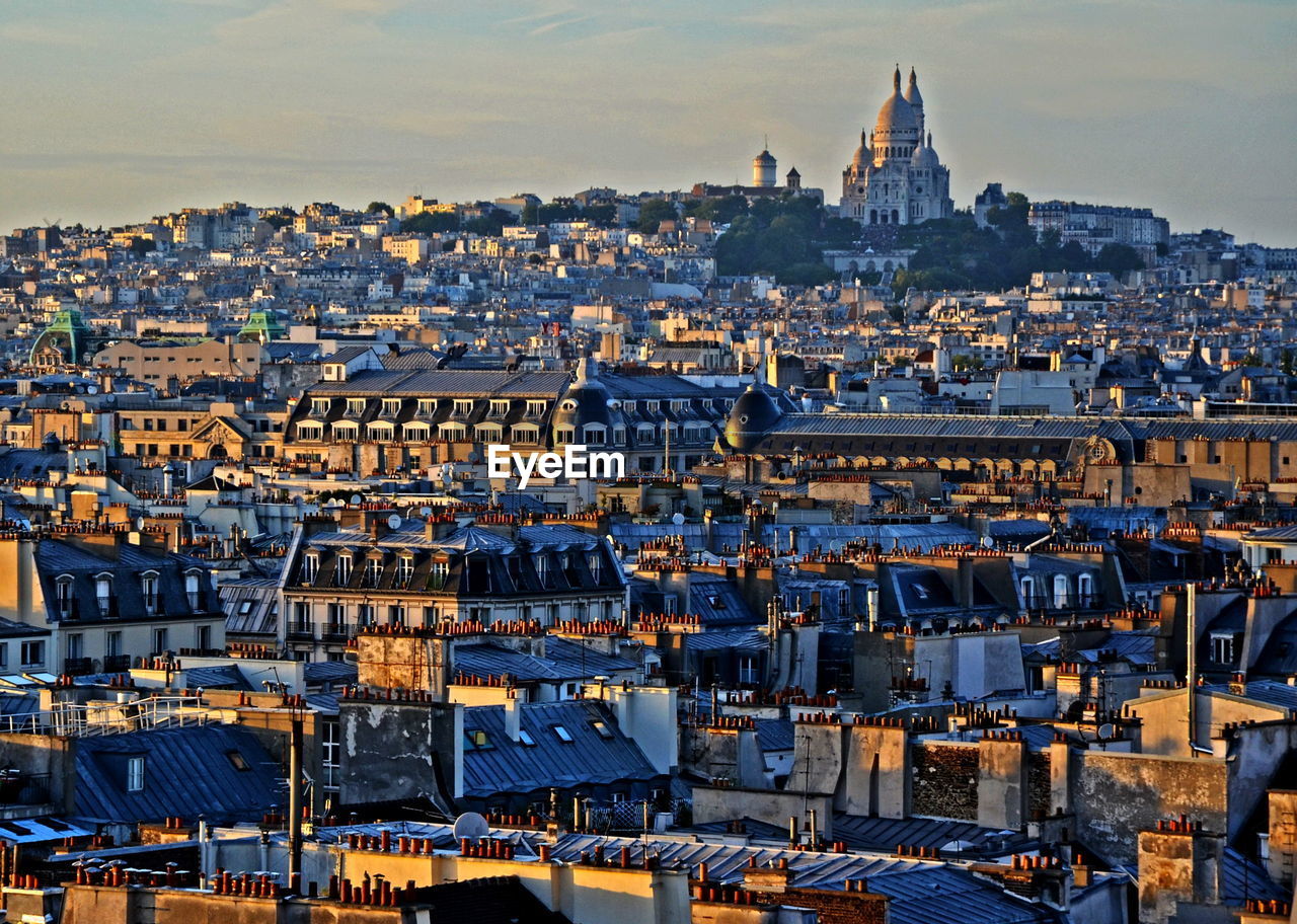 Distant view of basilique du sacre coeur with cityscape in foreground