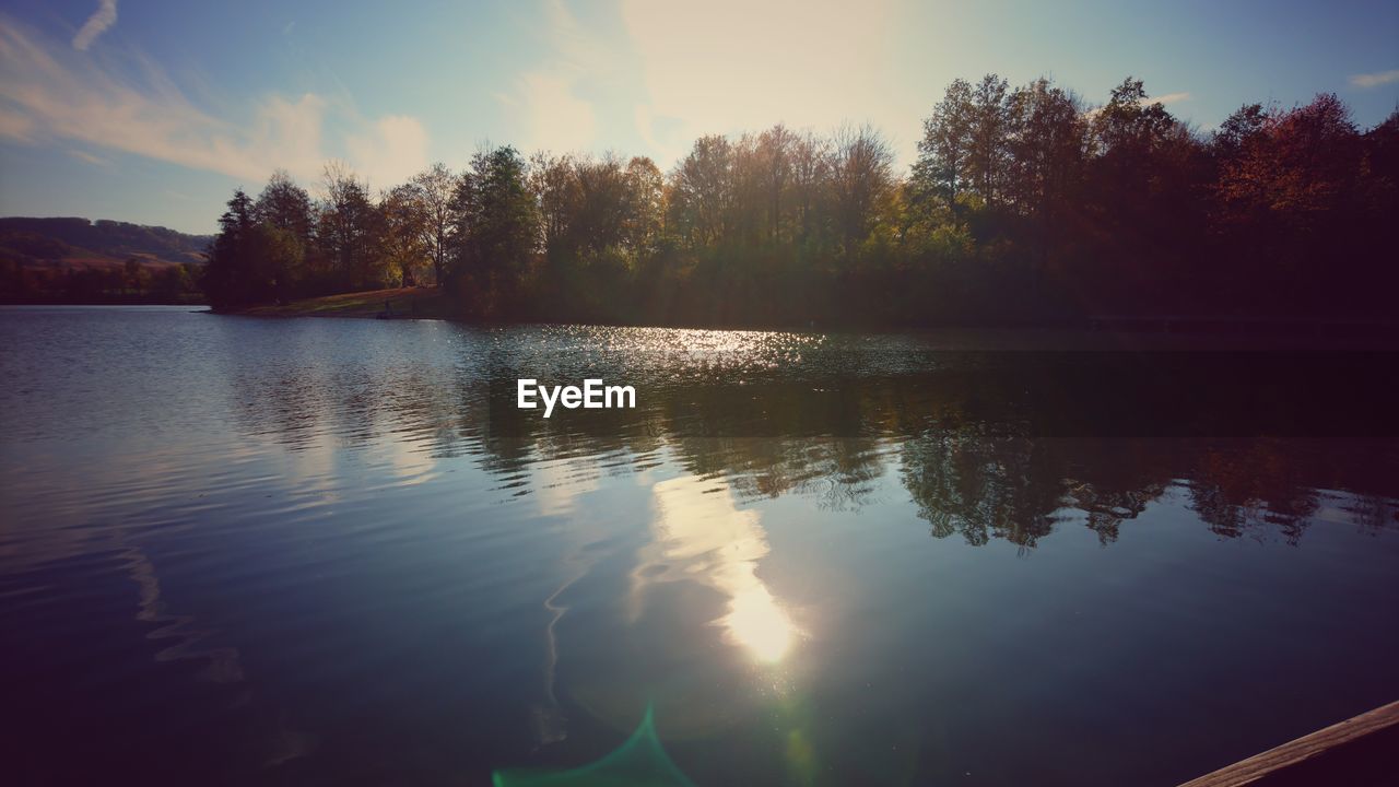 REFLECTION OF TREES IN LAKE AGAINST SKY