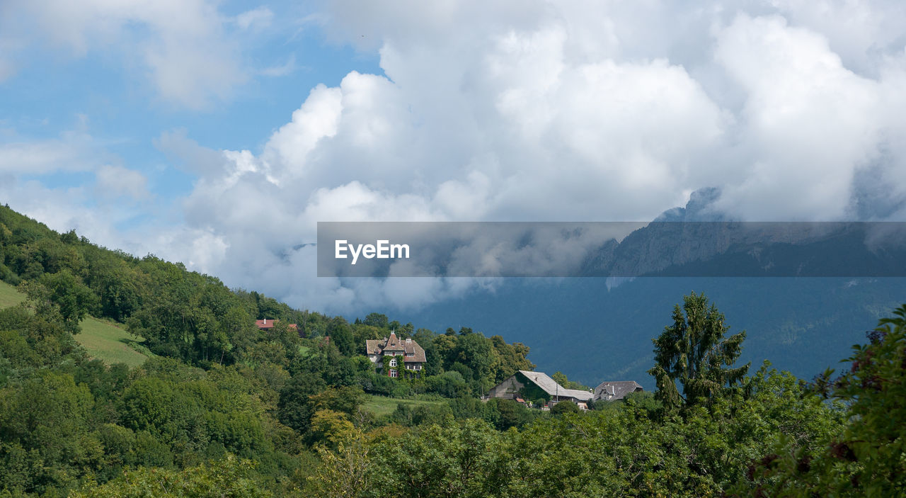 Panoramic view of trees and buildings against sky