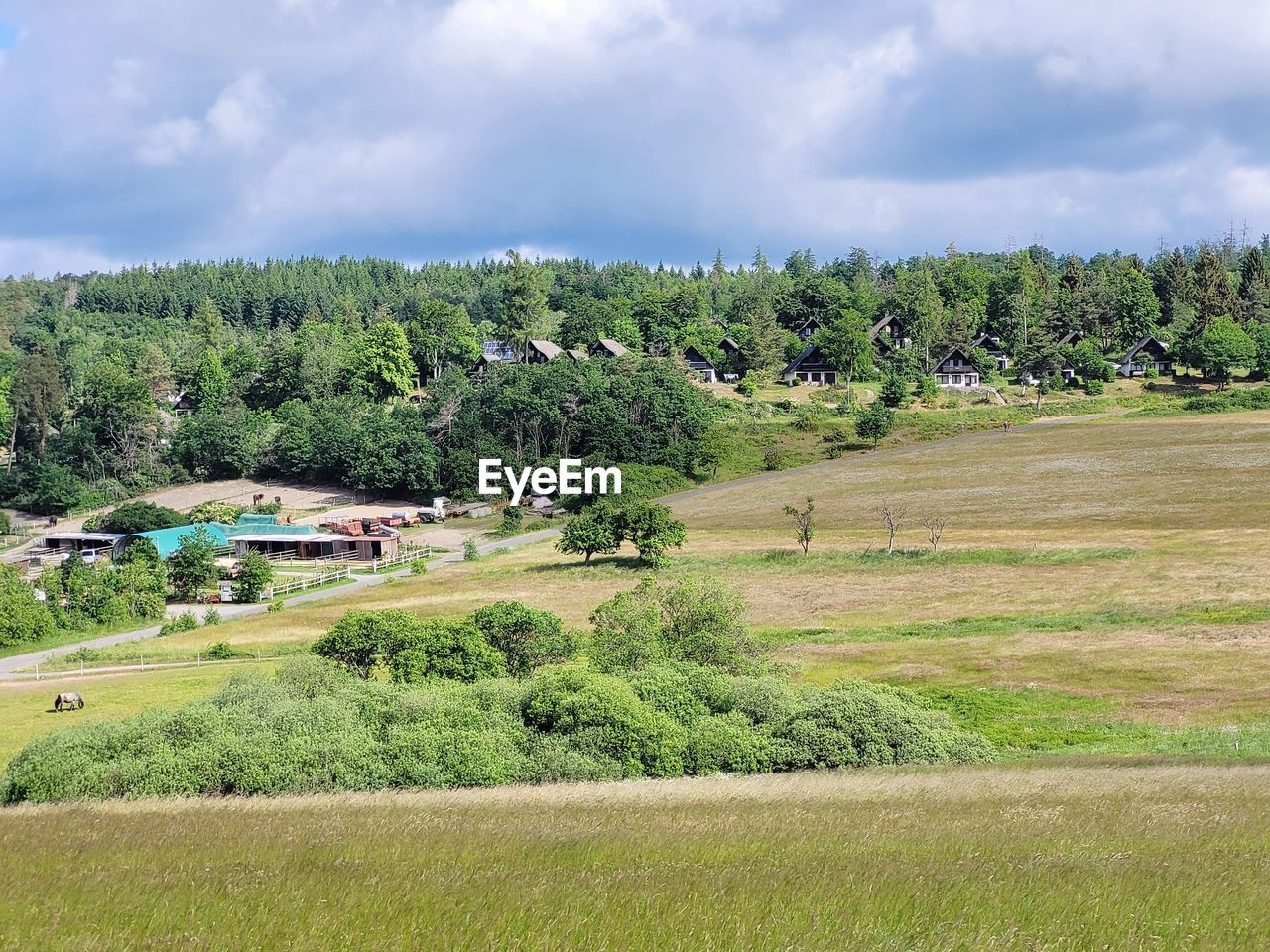 plant, landscape, tree, environment, land, field, sky, hill, cloud, green, nature, grass, scenics - nature, plain, rural area, grassland, beauty in nature, no people, pasture, rural scene, meadow, tranquility, non-urban scene, growth, day, plateau, outdoors, agriculture, architecture, building, tranquil scene, house, sport venue, forest, farm, travel destinations, travel, aerial photography