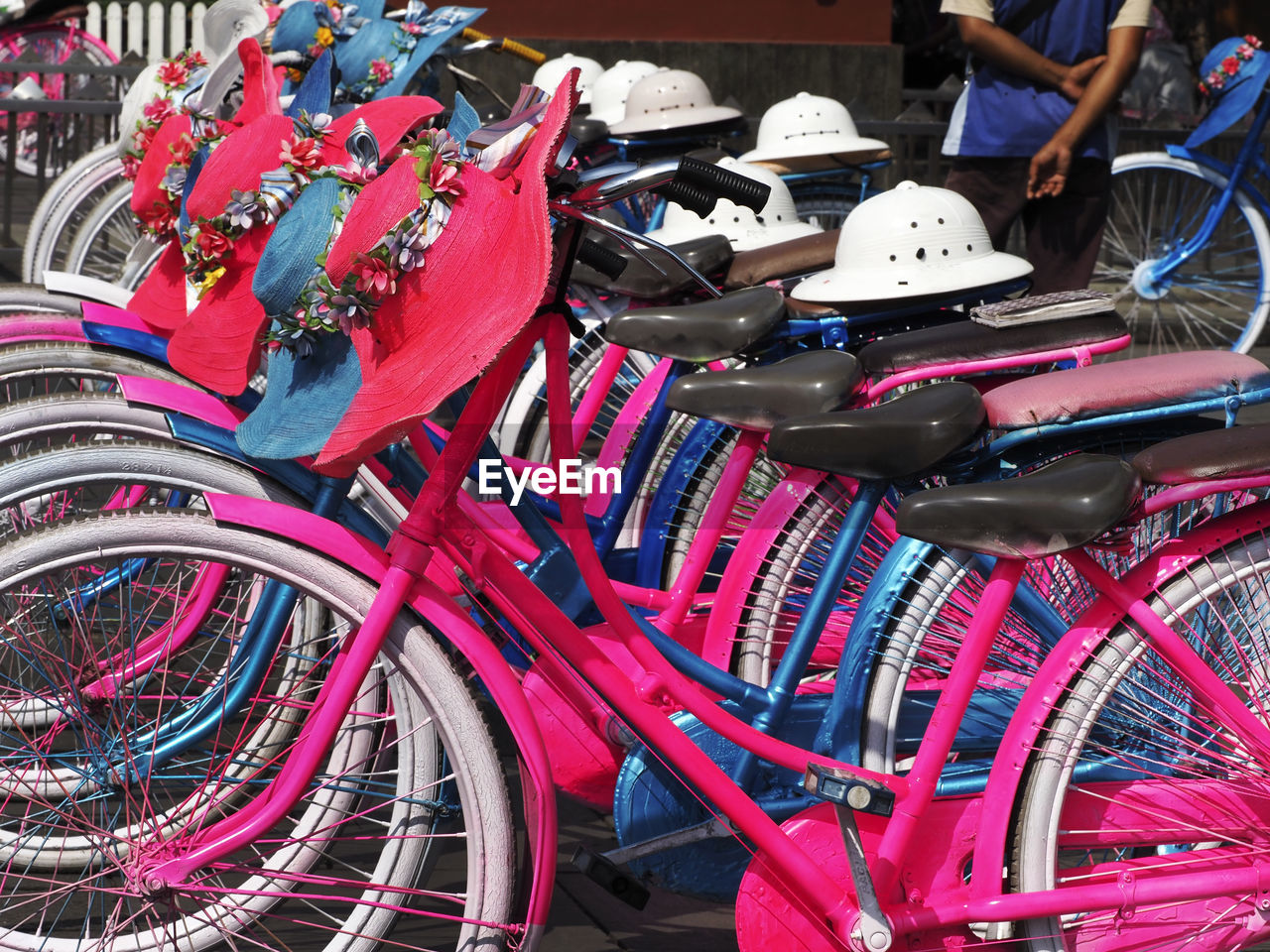 High angle view of bicycles parked in basket