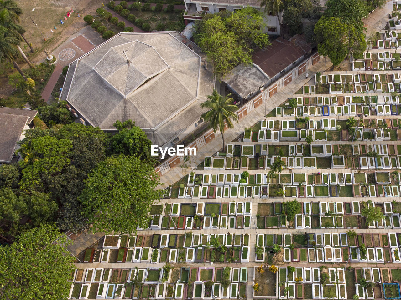 High angle view of residential building and grave