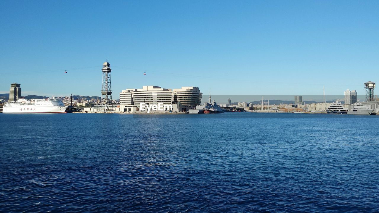 SEA BY BUILDINGS AGAINST CLEAR SKY