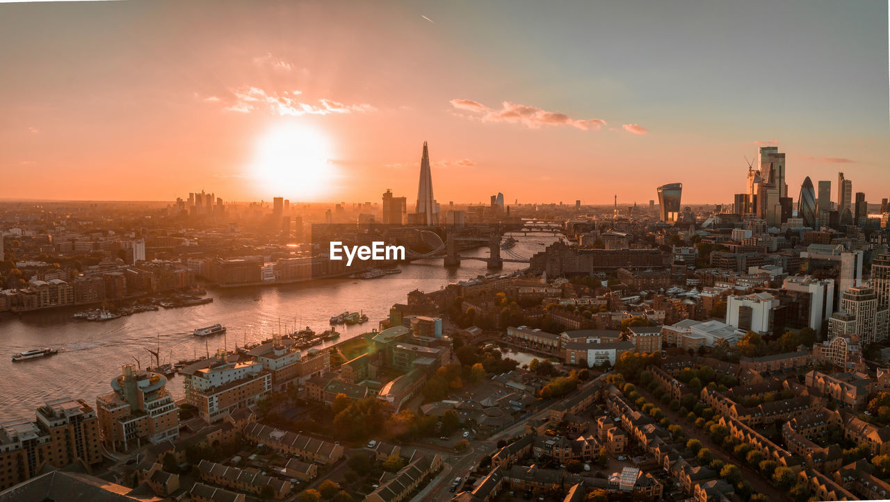 Aerial view of the london tower bridge at sunset.