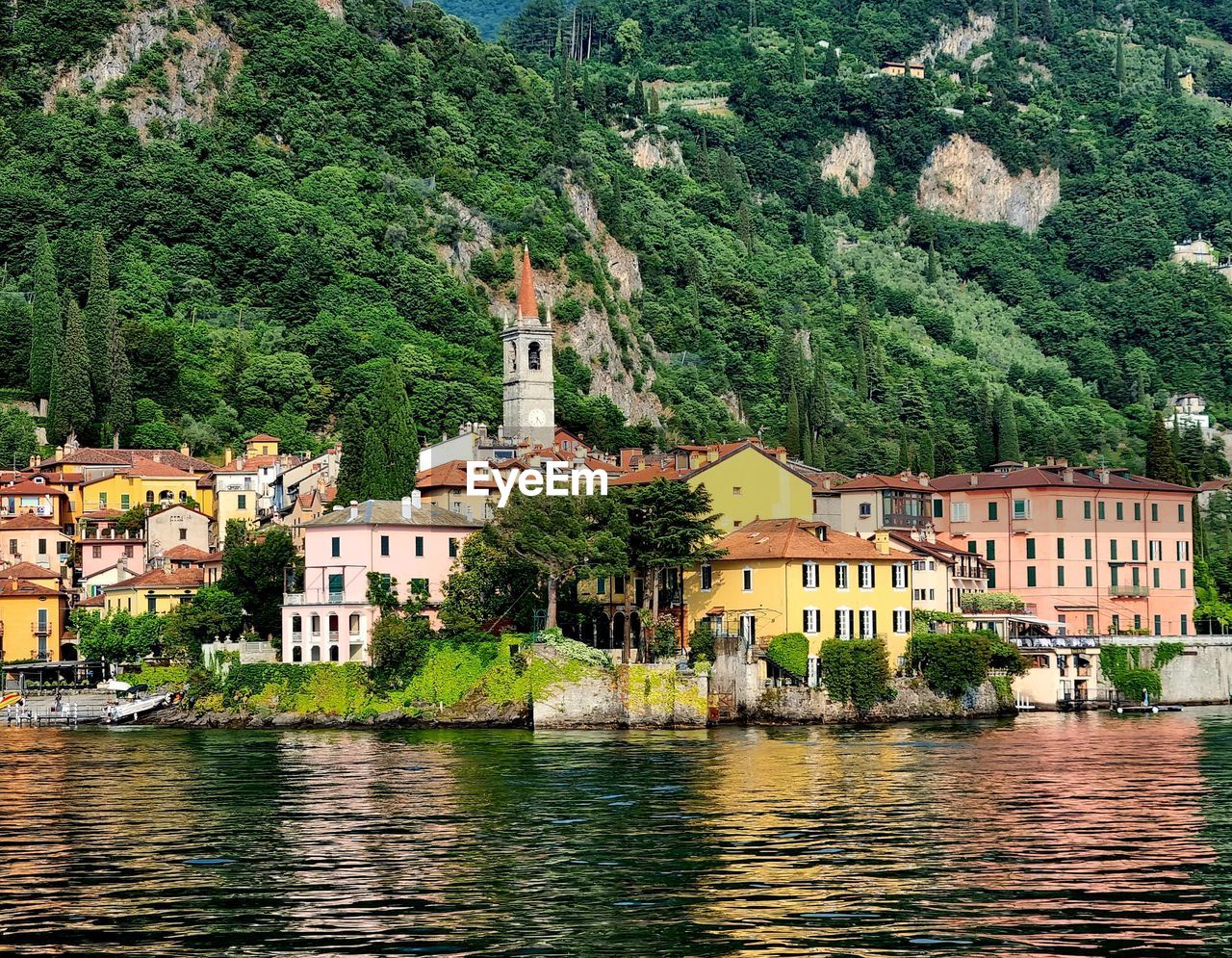 Buildings by lake