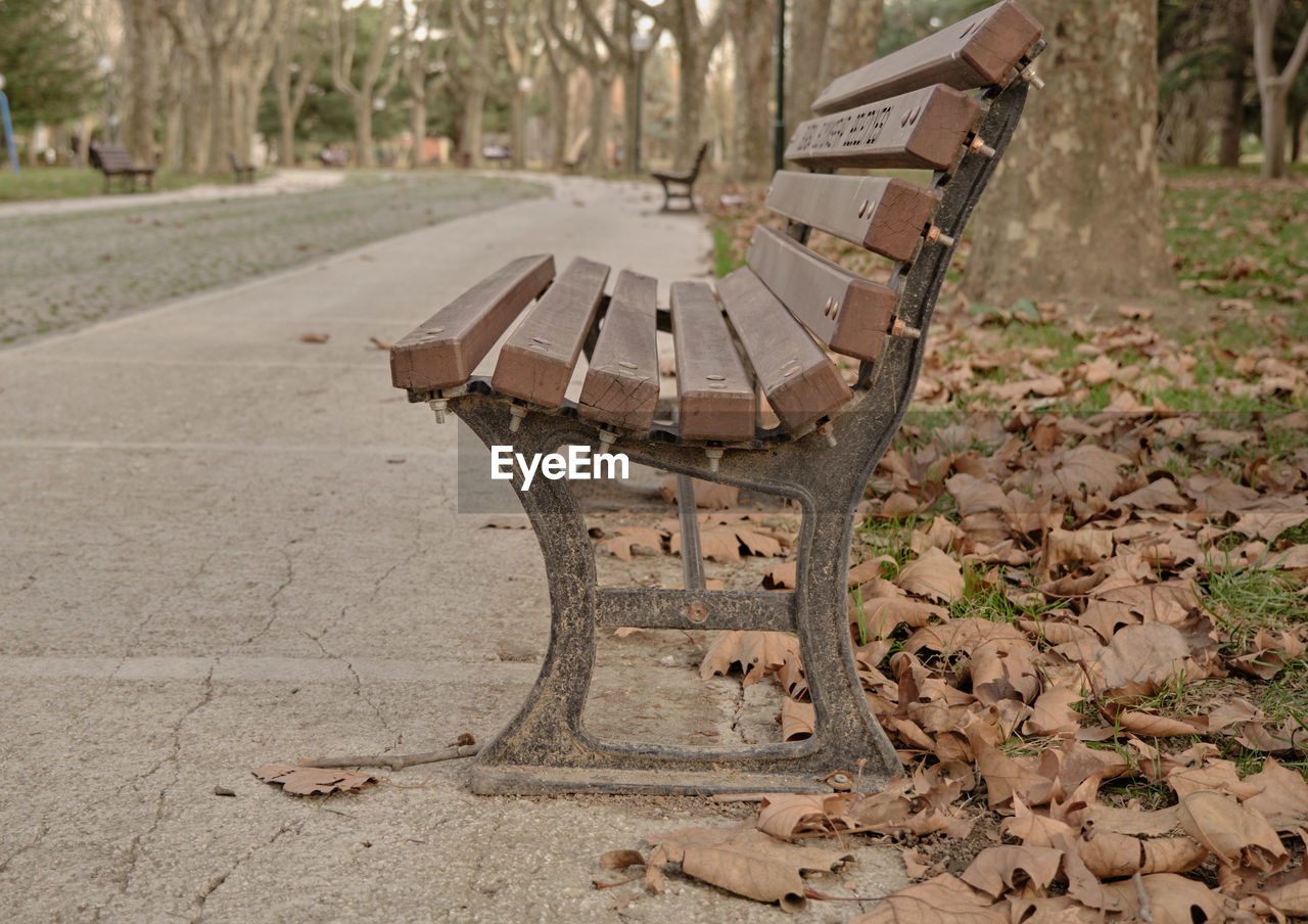 EMPTY PARK BENCH ON FIELD