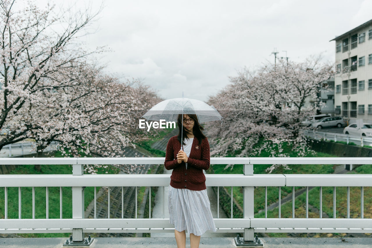 Portrait of young woman with umbrella on bridge against cherry trees
