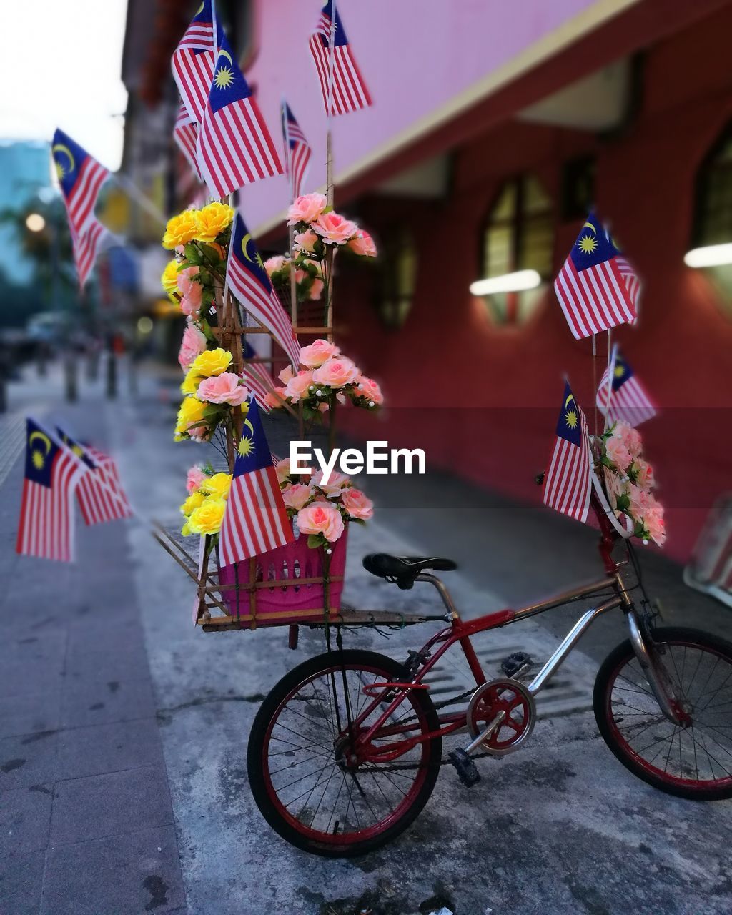 LOW SECTION OF MAN WITH BICYCLE FLAG ON STREET
