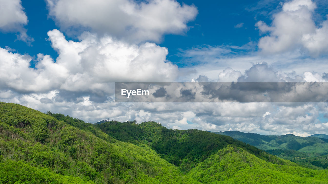 Beautiful green mountain landscape and vibrant blue sky with fluffy white clouds.