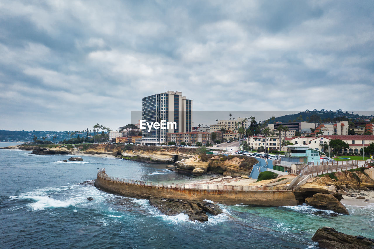 View of the children's pool and sea wall in la jolla, california, drone photo