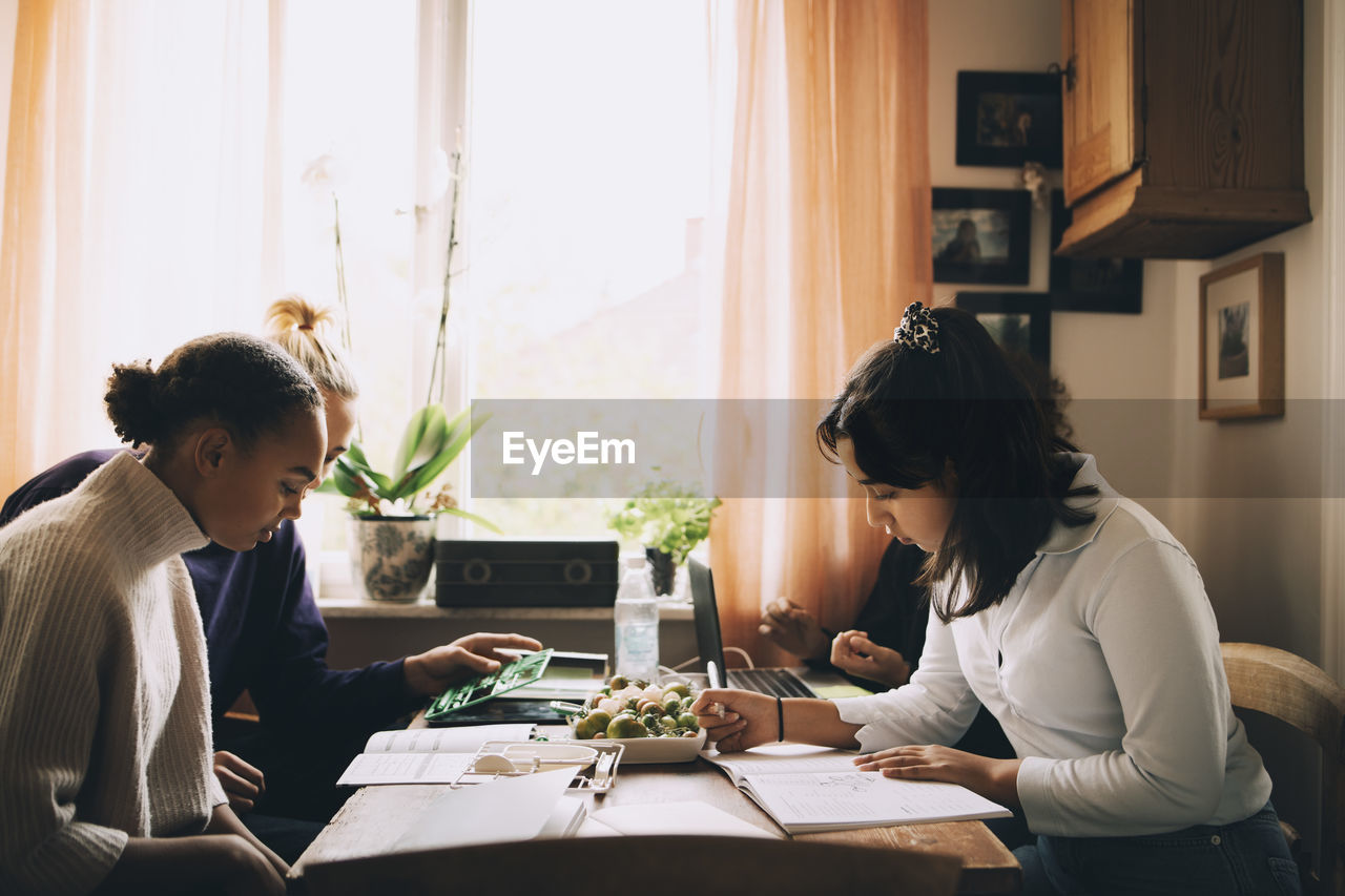 Multi-ethnic friends studying together while using laptop at home