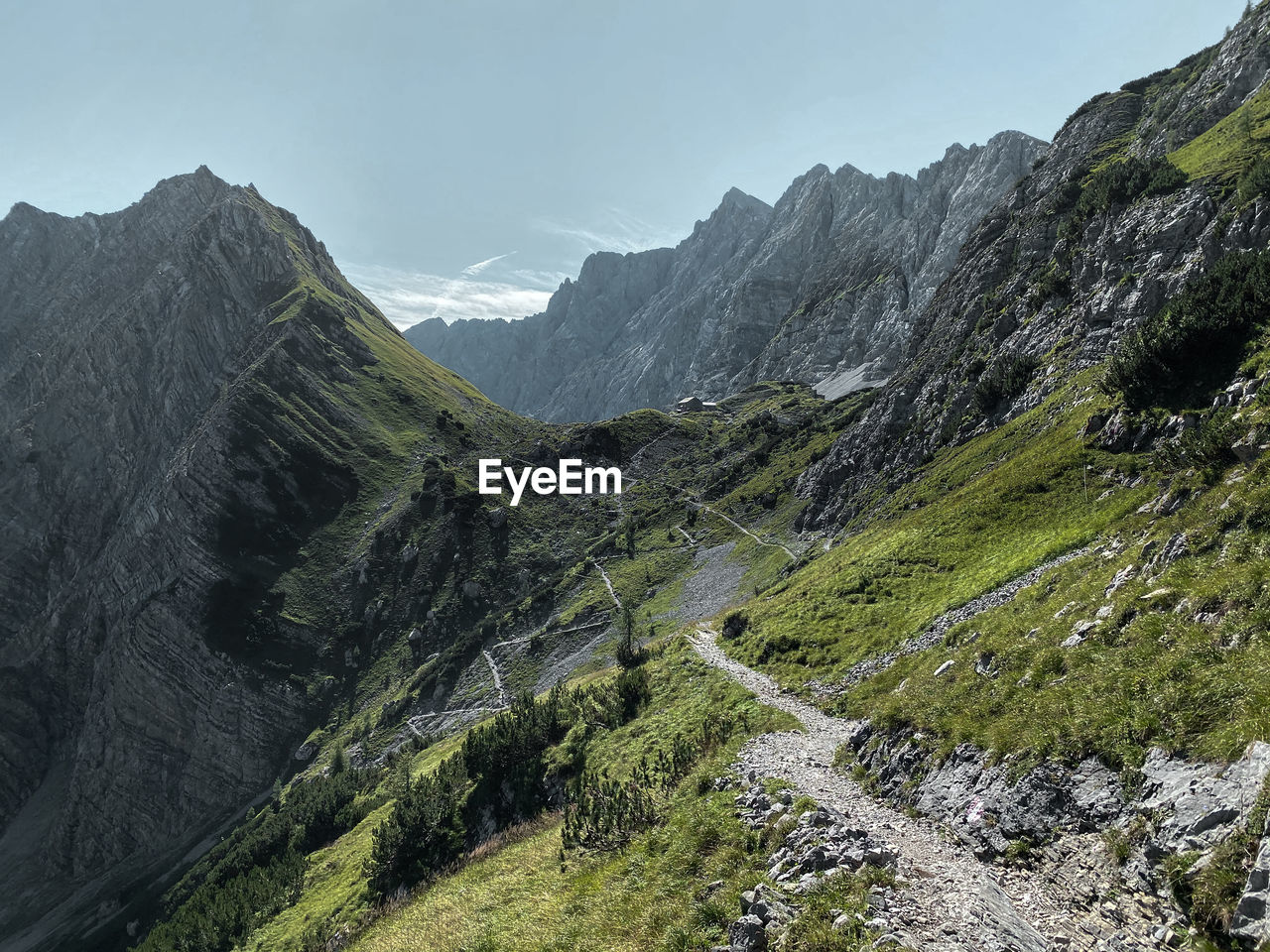 Way to lamsenjochhütte, hiking path, karwendel, tyrol with mountain range