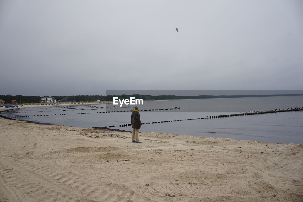 REAR VIEW OF MAN STANDING ON BEACH