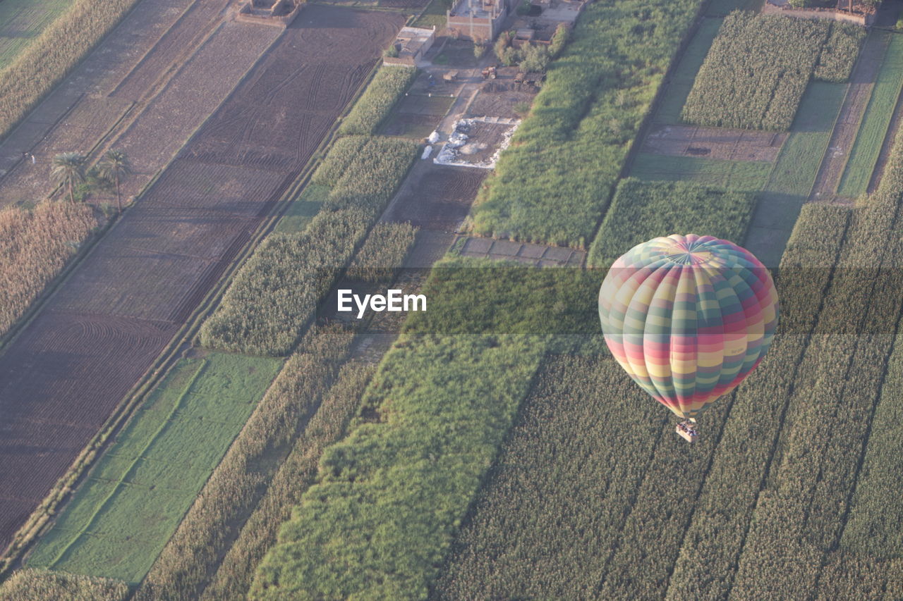 HIGH ANGLE VIEW OF HOT AIR BALLOON