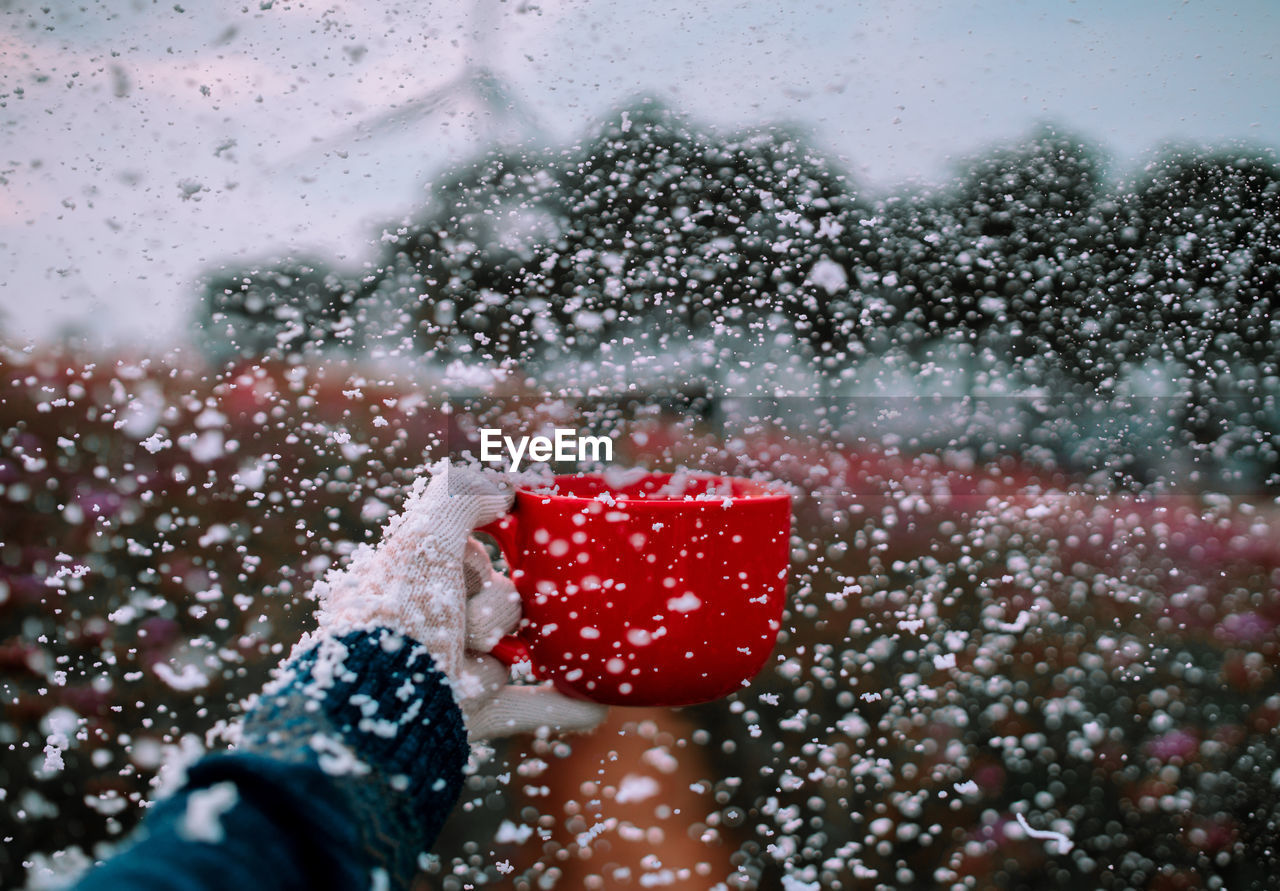 Cropped hand holding red cup while catching snow during snowfall