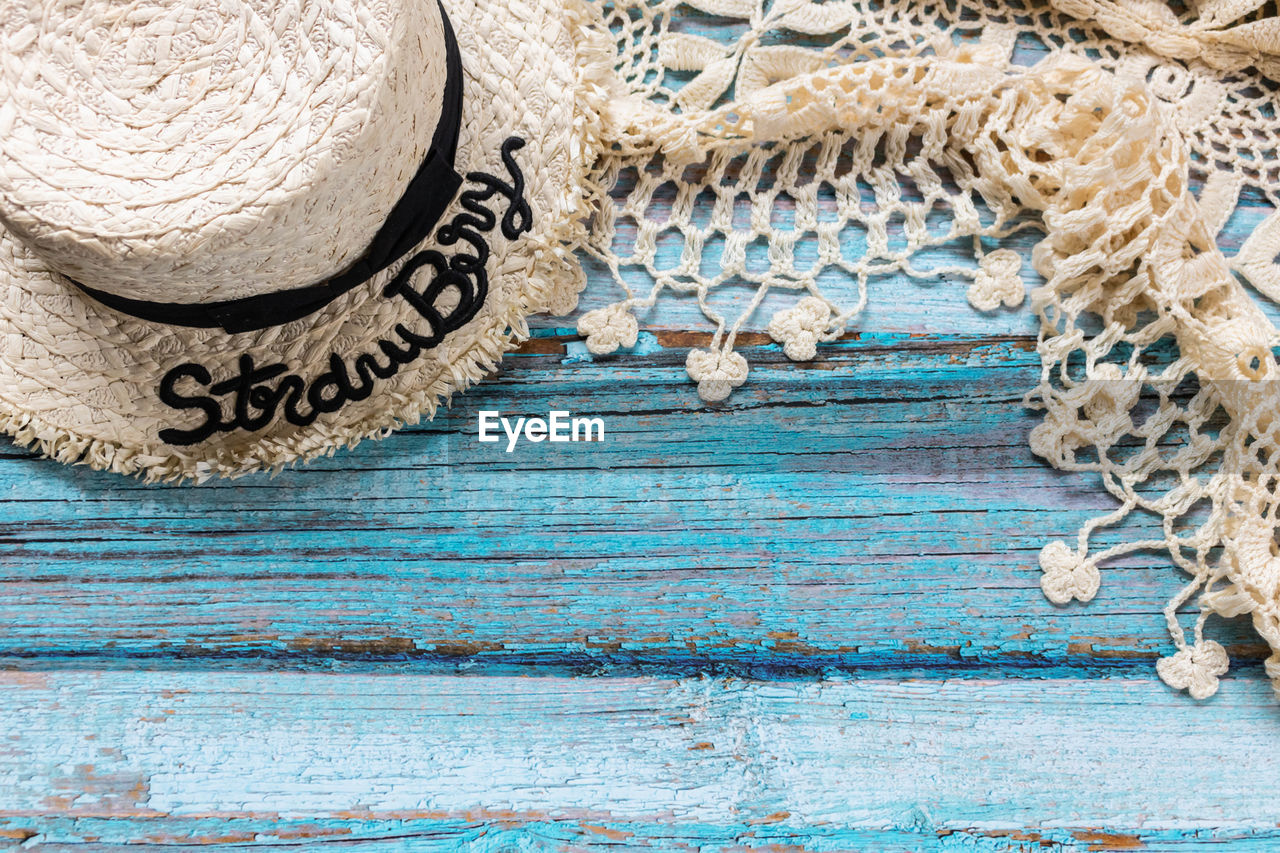 High angle view of hat on table