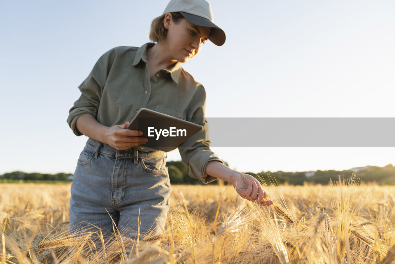 Woman holding digital tablet in field examining barley ear