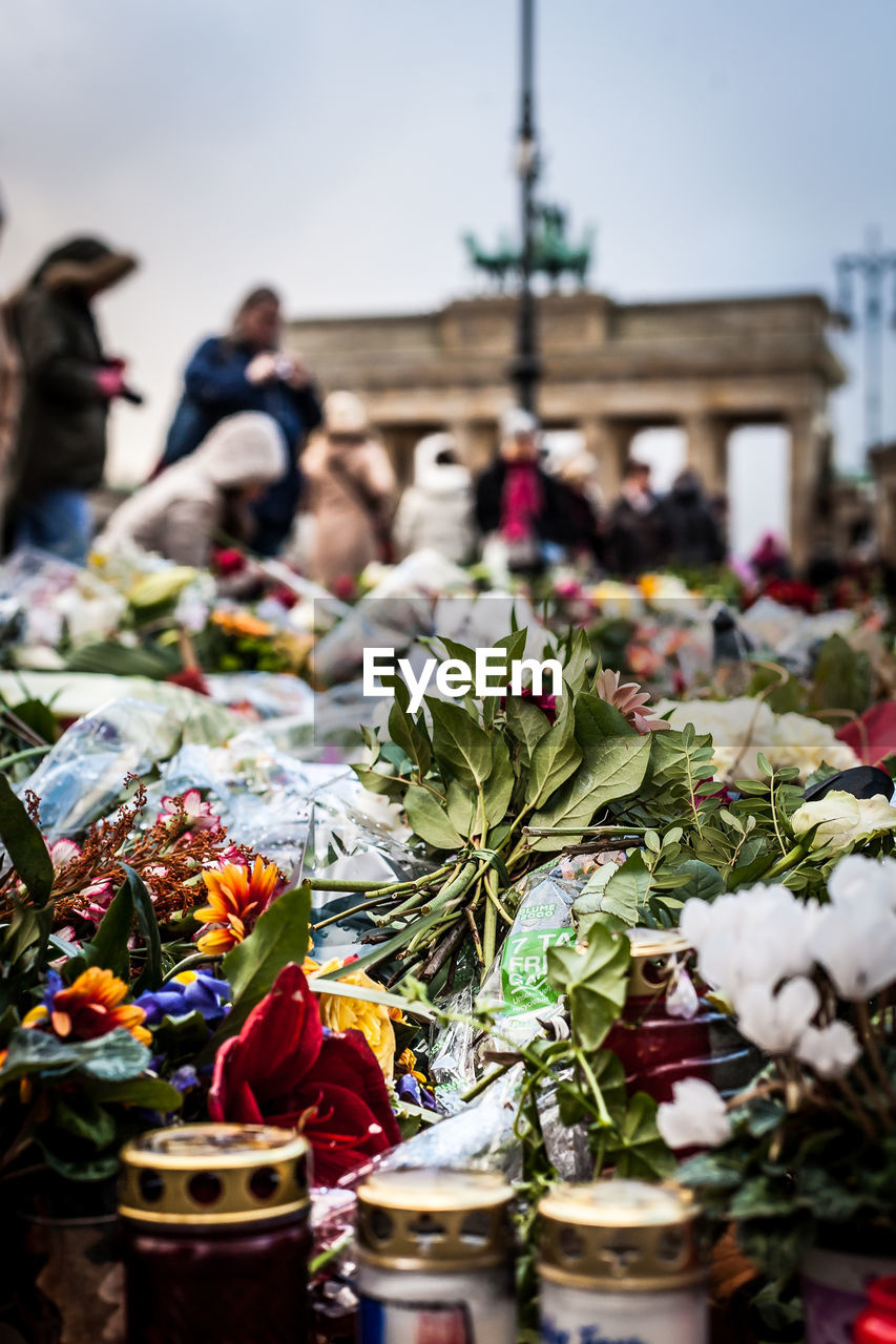 Various bouquets at brandenburg gate in city
