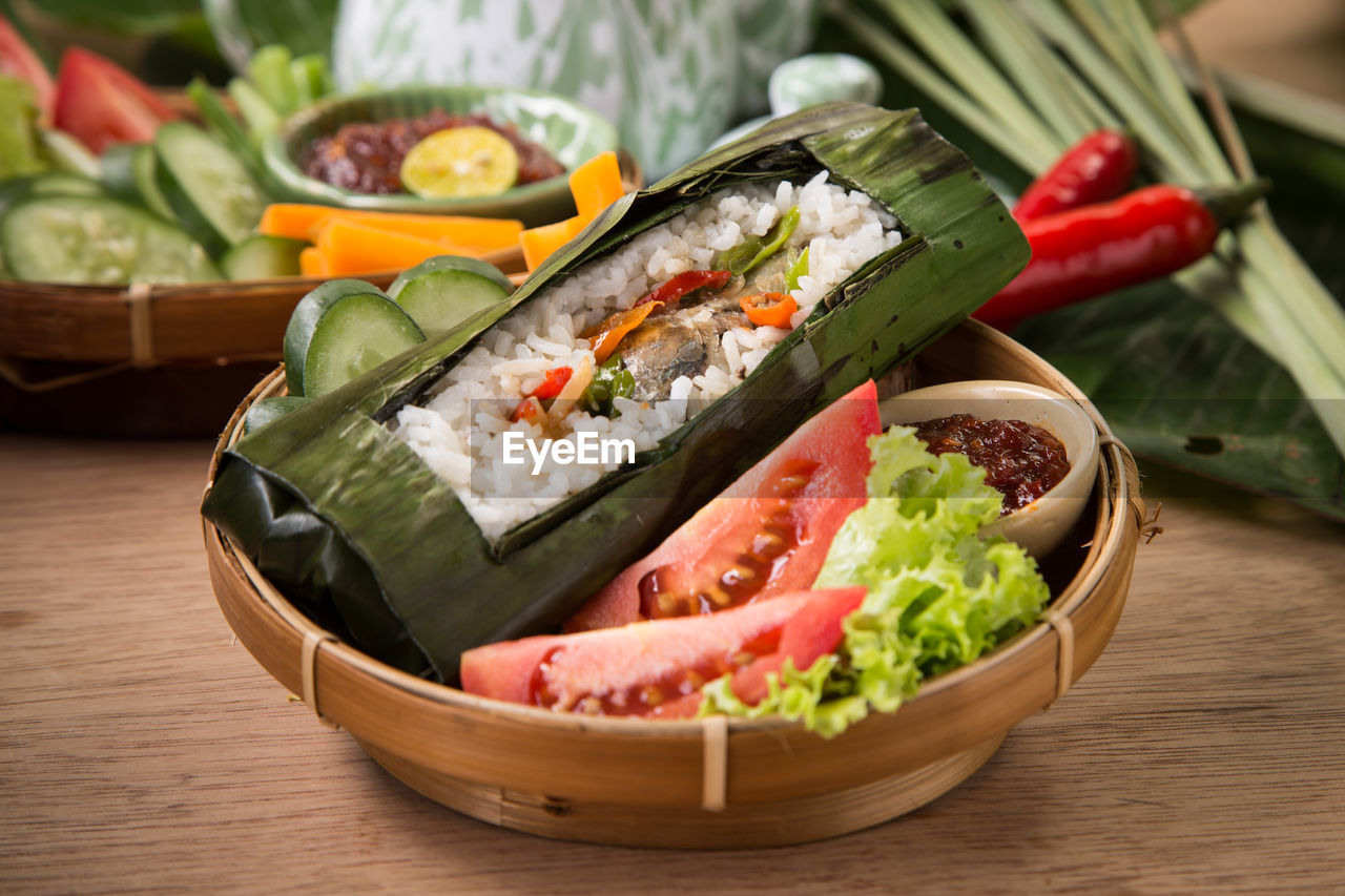 Close-up of food served on table