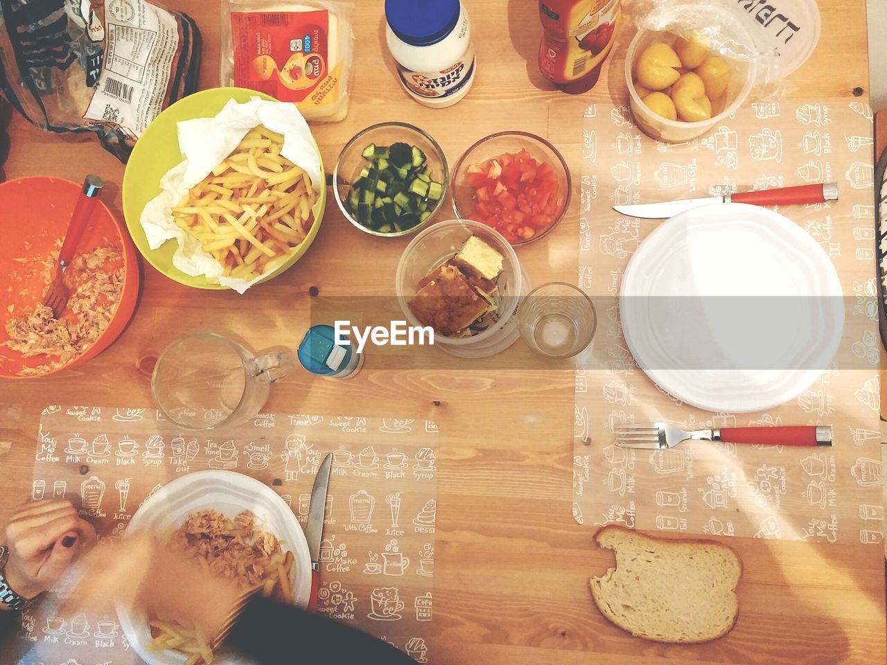 High angle view of foods served on table