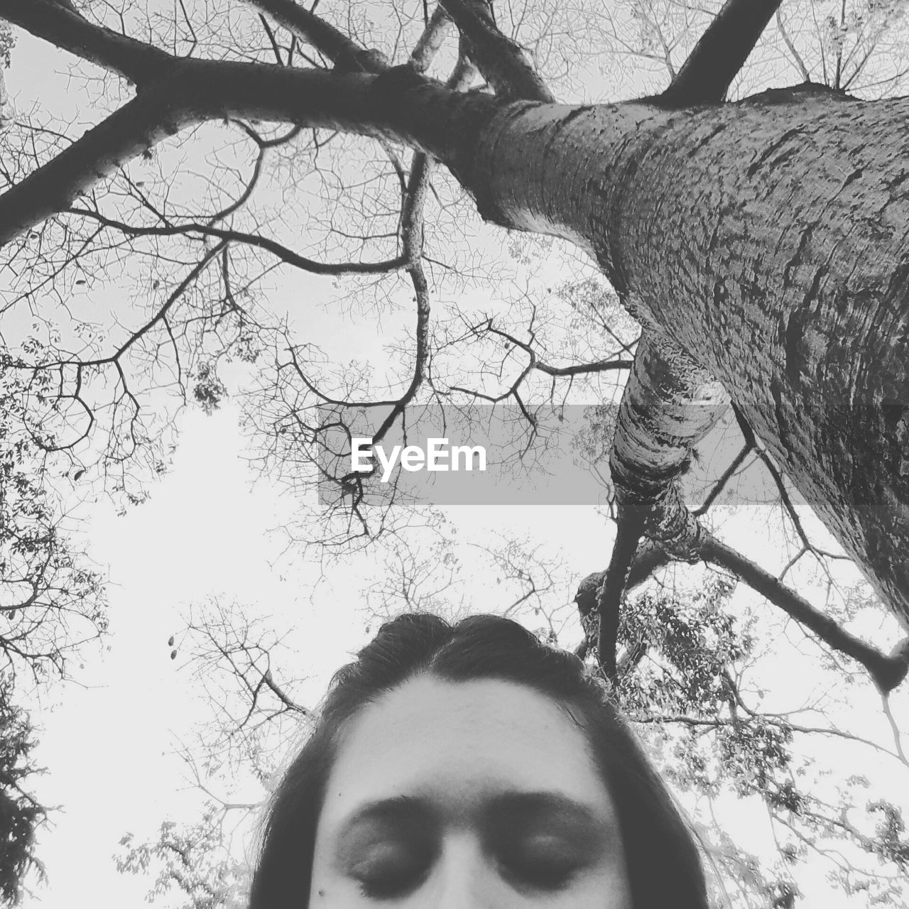 Low angle view of young woman against bare tree